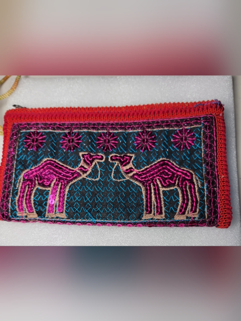 Embroidered Beaded Camel Pouch Wallet, Black Pink Red, Women's